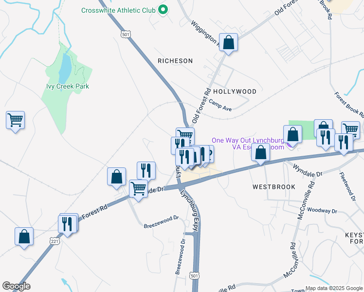 map of restaurants, bars, coffee shops, grocery stores, and more near 3832 Old Forest Road in Lynchburg