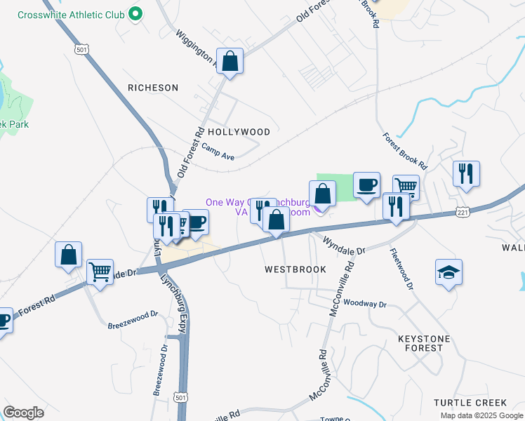 map of restaurants, bars, coffee shops, grocery stores, and more near 2328 Lakeside Drive in Lynchburg
