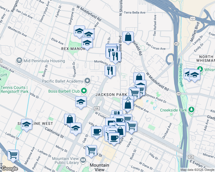 map of restaurants, bars, coffee shops, grocery stores, and more near 928 Wright Avenue in Mountain View