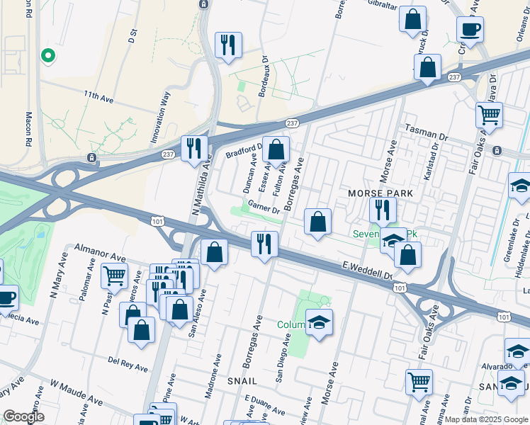 map of restaurants, bars, coffee shops, grocery stores, and more near 162 Garner Drive in Sunnyvale