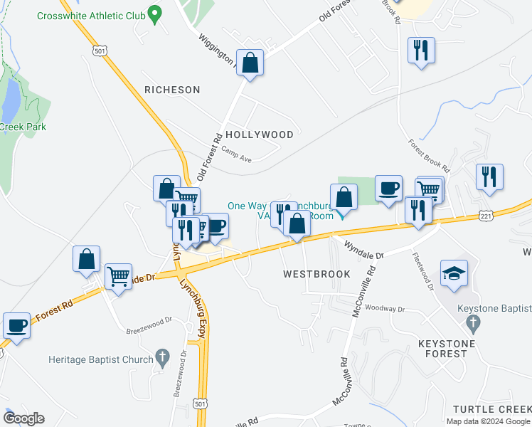 map of restaurants, bars, coffee shops, grocery stores, and more near 78 Countryplace Lane in Lynchburg