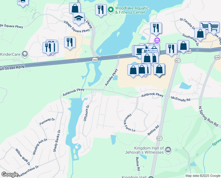 map of restaurants, bars, coffee shops, grocery stores, and more near 14709 Hancock Crest Way in Chesterfield