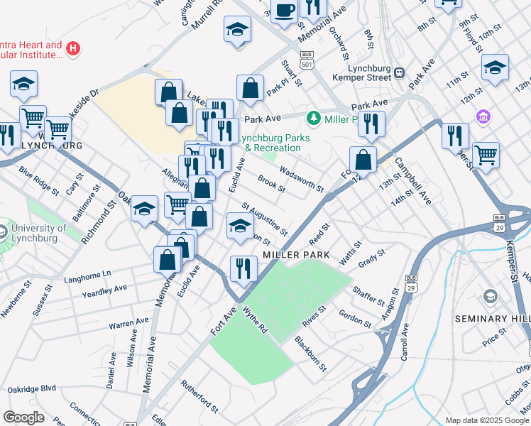 map of restaurants, bars, coffee shops, grocery stores, and more near 305 Saint Augustine Street in Lynchburg