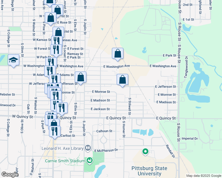 map of restaurants, bars, coffee shops, grocery stores, and more near 515 East Monroe Street in Pittsburg