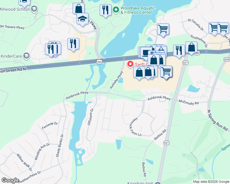 map of restaurants, bars, coffee shops, grocery stores, and more near 7502 Ashlake Parkway in Chesterfield