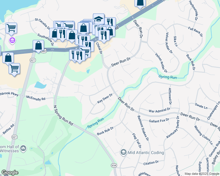 map of restaurants, bars, coffee shops, grocery stores, and more near 14101 Branched Antler Drive in Midlothian