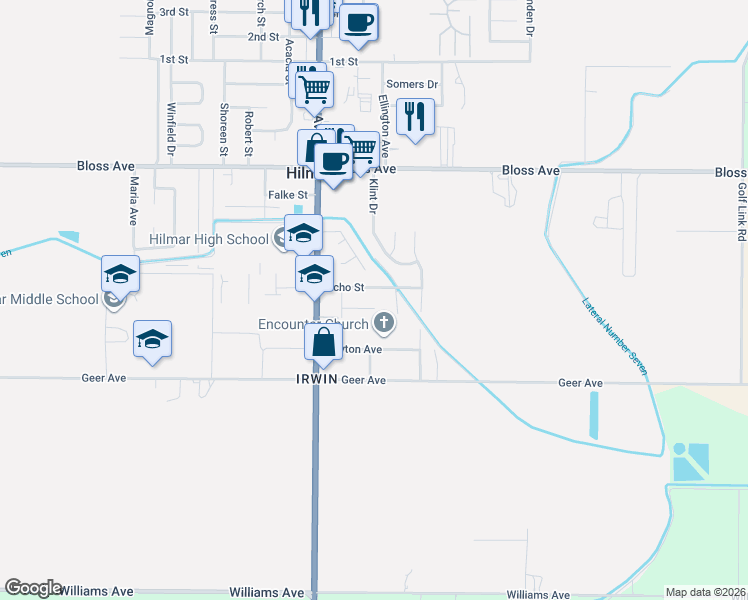 map of restaurants, bars, coffee shops, grocery stores, and more near 19850 Lucas Court in Hilmar