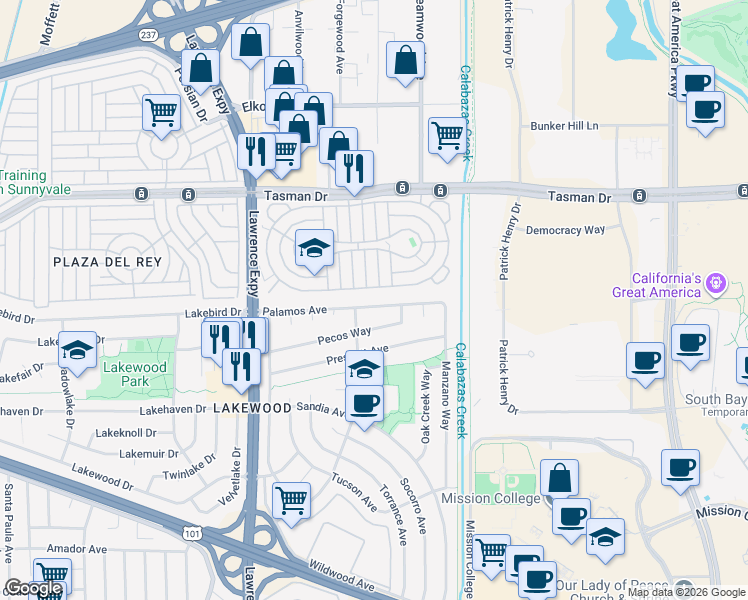 map of restaurants, bars, coffee shops, grocery stores, and more near 1226 Palamos Avenue in Sunnyvale