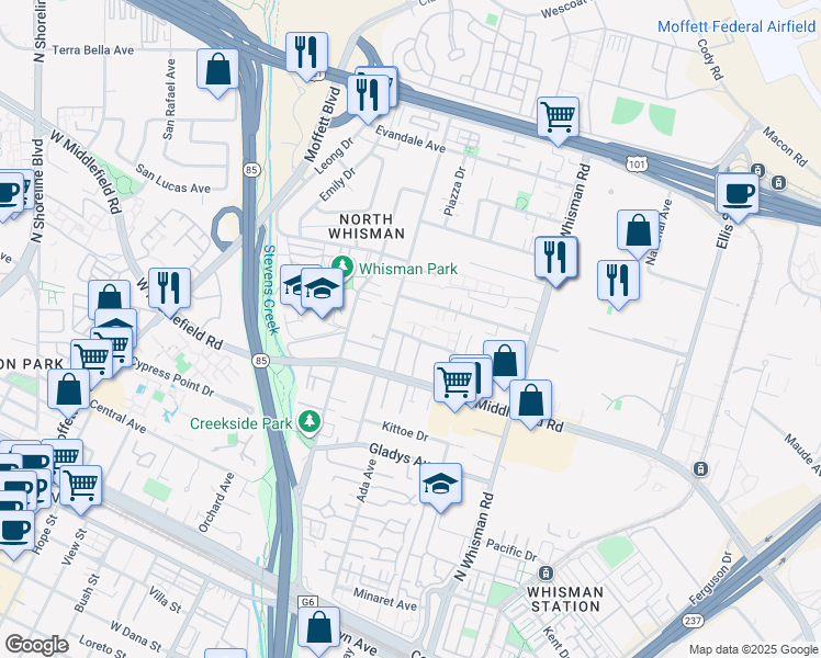 map of restaurants, bars, coffee shops, grocery stores, and more near 90 Flynn Avenue in Mountain View