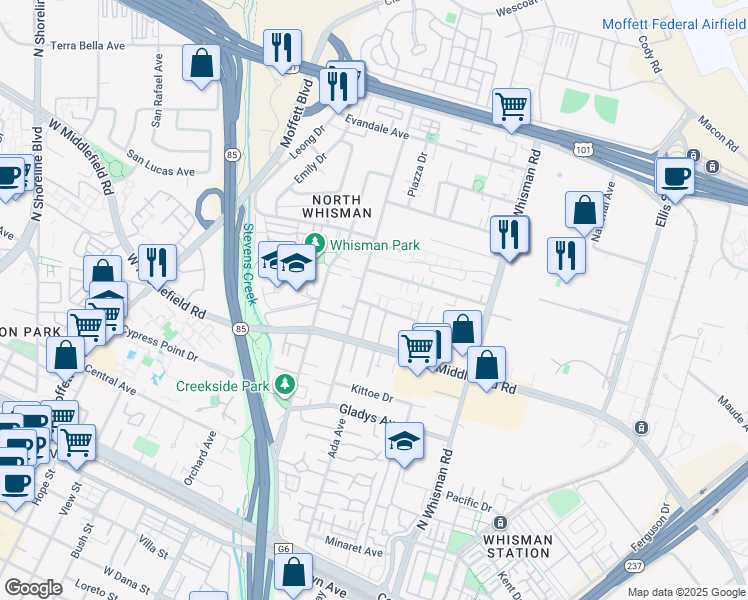 map of restaurants, bars, coffee shops, grocery stores, and more near 90 Flynn Avenue in Mountain View