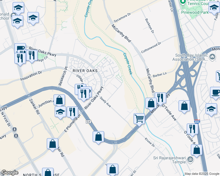 map of restaurants, bars, coffee shops, grocery stores, and more near 640 Epic Way in San Jose