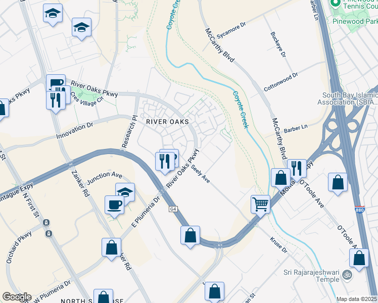 map of restaurants, bars, coffee shops, grocery stores, and more near 545 River Oaks Parkway in San Jose