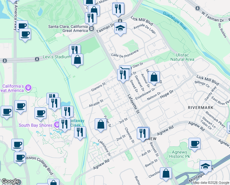 map of restaurants, bars, coffee shops, grocery stores, and more near 2250 Lenox Place in Santa Clara