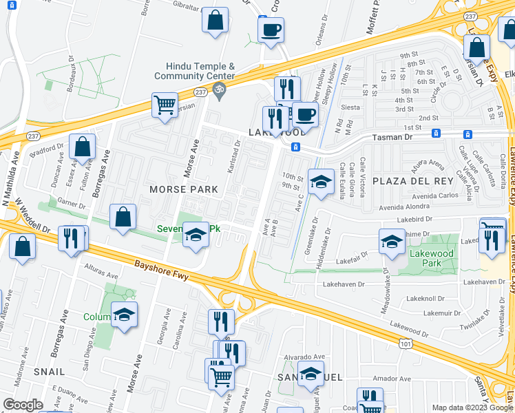 map of restaurants, bars, coffee shops, grocery stores, and more near 1033 Scotia Terrace in Sunnyvale