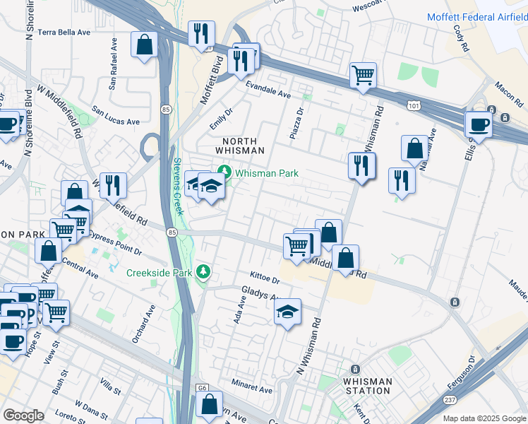 map of restaurants, bars, coffee shops, grocery stores, and more near 339 Tyrella Avenue in Mountain View