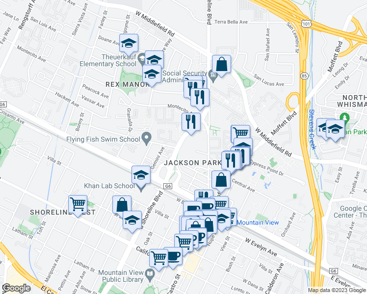 map of restaurants, bars, coffee shops, grocery stores, and more near 345 North Shoreline Boulevard in Mountain View