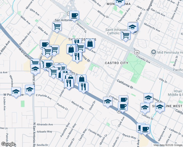 map of restaurants, bars, coffee shops, grocery stores, and more near 430 Hillwood Court in Mountain View