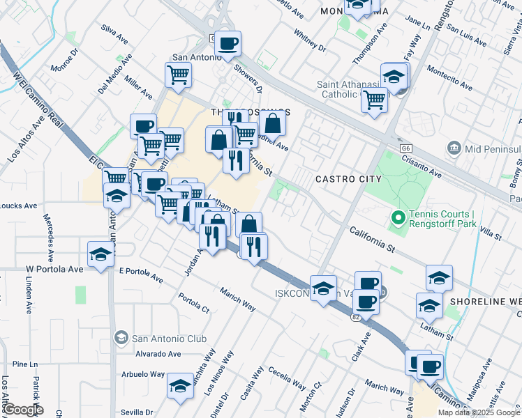 map of restaurants, bars, coffee shops, grocery stores, and more near 430 Hillwood Court in Mountain View