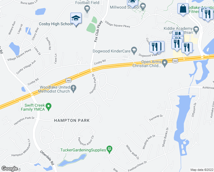 map of restaurants, bars, coffee shops, grocery stores, and more near 7500 Southwind Drive in Chesterfield