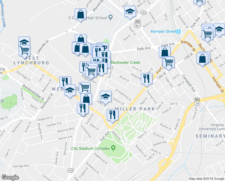 map of restaurants, bars, coffee shops, grocery stores, and more near 214 Kenyon Street in Lynchburg