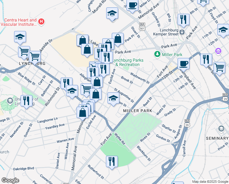 map of restaurants, bars, coffee shops, grocery stores, and more near 211 Saint Augustine Street in Lynchburg