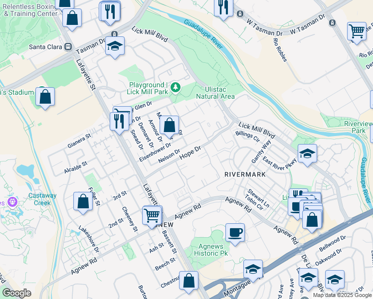 map of restaurants, bars, coffee shops, grocery stores, and more near 1620 Nelson Drive in Santa Clara