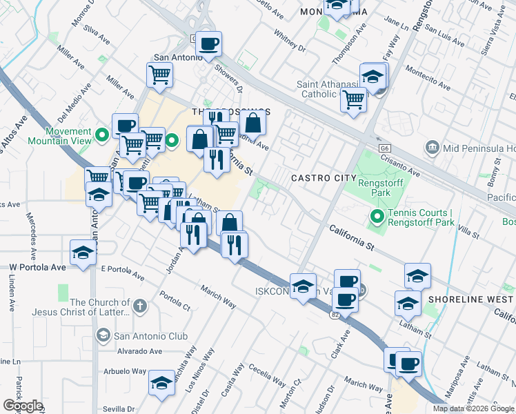 map of restaurants, bars, coffee shops, grocery stores, and more near 413 Hillwood Court in Mountain View