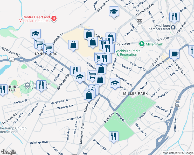 map of restaurants, bars, coffee shops, grocery stores, and more near 610 Talbot Street in Lynchburg