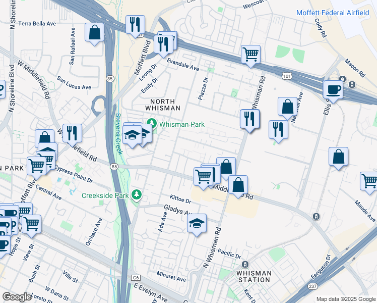 map of restaurants, bars, coffee shops, grocery stores, and more near 94 Flynn Avenue in Mountain View