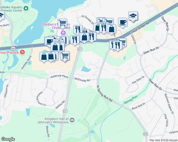 map of restaurants, bars, coffee shops, grocery stores, and more near 7334 Norwood Pond Place in Midlothian
