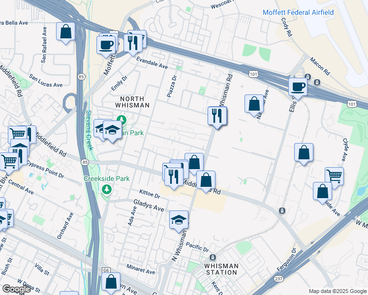 map of restaurants, bars, coffee shops, grocery stores, and more near 137 Sherland Avenue in Mountain View