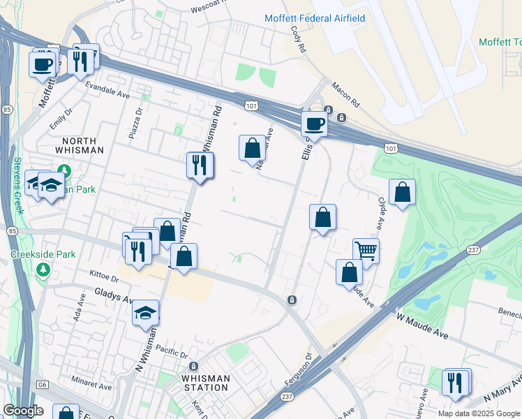 map of restaurants, bars, coffee shops, grocery stores, and more near 466 Ellis Street in Mountain View