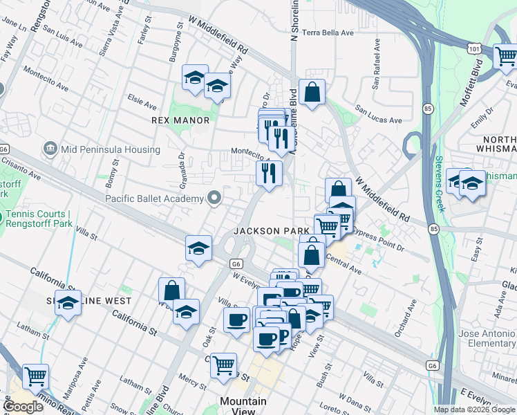 map of restaurants, bars, coffee shops, grocery stores, and more near 982 Wright Avenue in Mountain View
