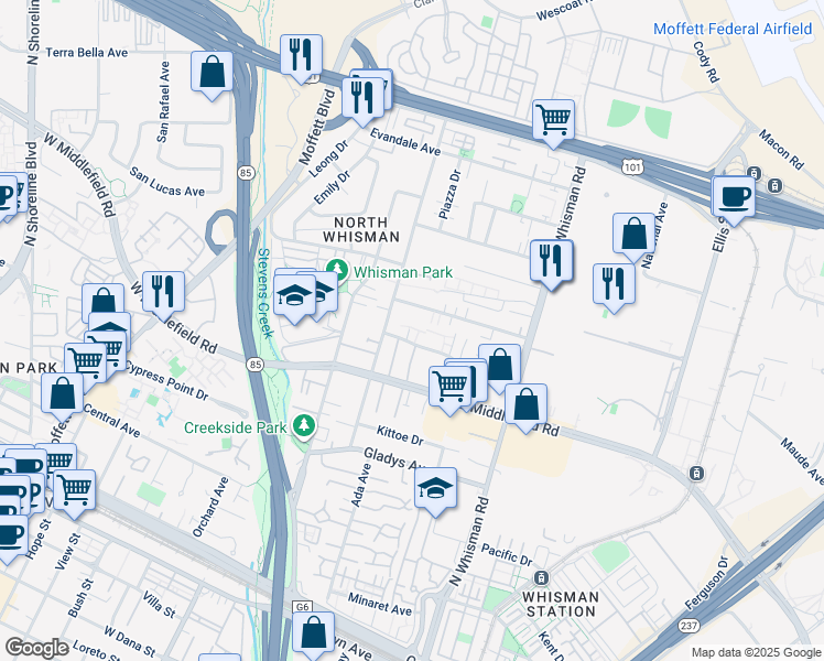map of restaurants, bars, coffee shops, grocery stores, and more near 94 Flynn Avenue in Mountain View