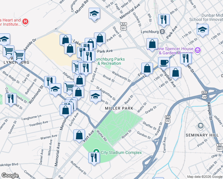 map of restaurants, bars, coffee shops, grocery stores, and more near 2601 Murger Street in Lynchburg