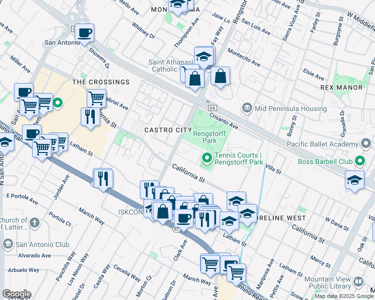 map of restaurants, bars, coffee shops, grocery stores, and more near 255 South Rengstorff Avenue in Mountain View
