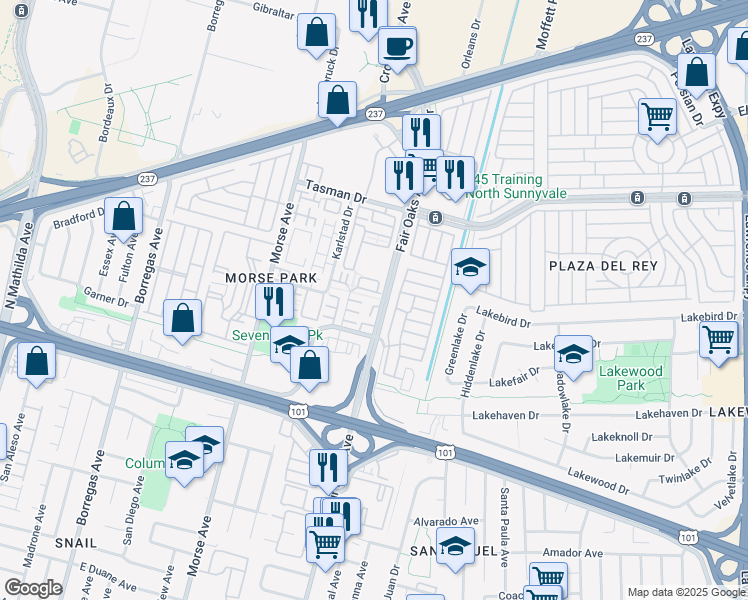 map of restaurants, bars, coffee shops, grocery stores, and more near 1037 Scotia Terrace in Sunnyvale
