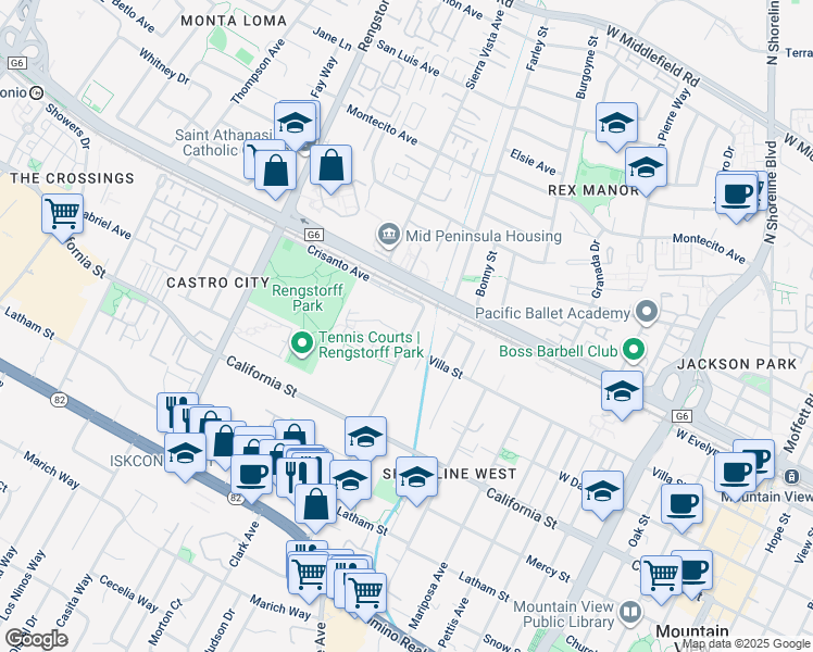 map of restaurants, bars, coffee shops, grocery stores, and more near 196 Escuela Avenue in Mountain View