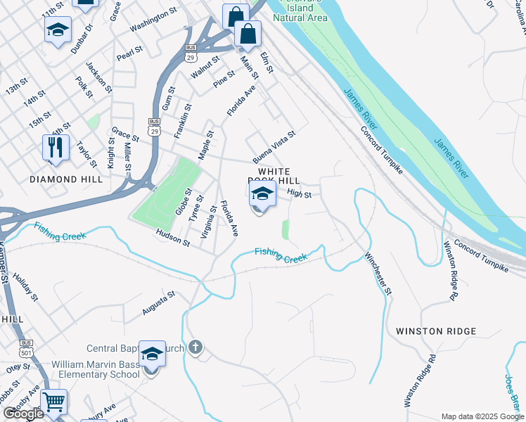 map of restaurants, bars, coffee shops, grocery stores, and more near 2401 High Street in Lynchburg