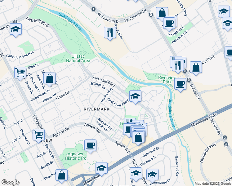 map of restaurants, bars, coffee shops, grocery stores, and more near 4338 Watson Circle in Santa Clara