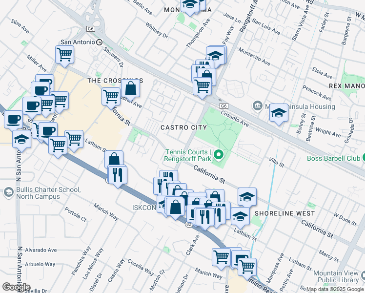 map of restaurants, bars, coffee shops, grocery stores, and more near 2115 University Avenue in Mountain View