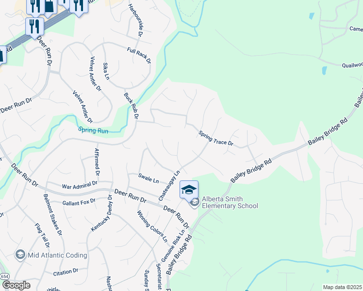 map of restaurants, bars, coffee shops, grocery stores, and more near 7205 Decidedly Lane in Midlothian