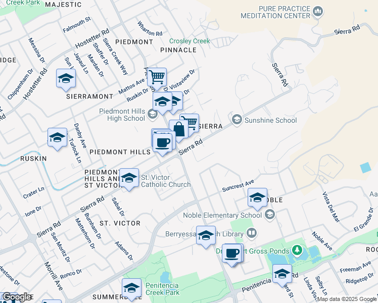 map of restaurants, bars, coffee shops, grocery stores, and more near 1260 Piedmont Road in San Jose