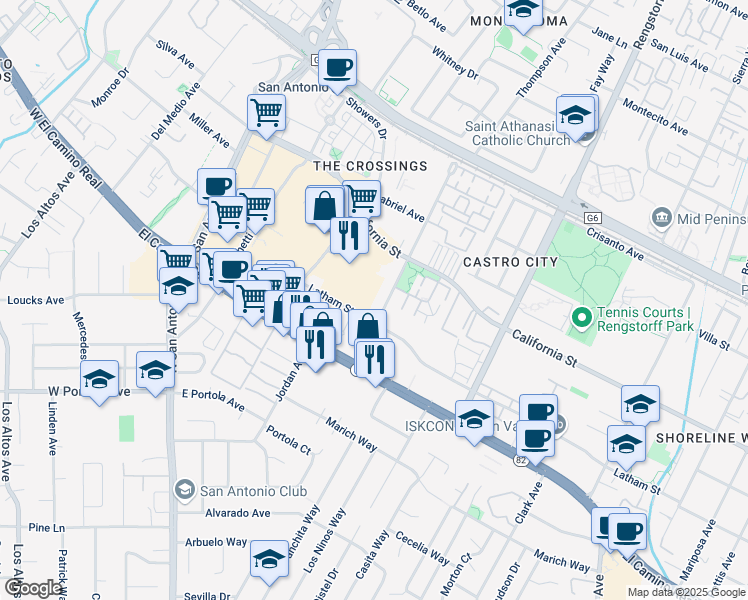 map of restaurants, bars, coffee shops, grocery stores, and more near 400a Ortega Avenue in Mountain View