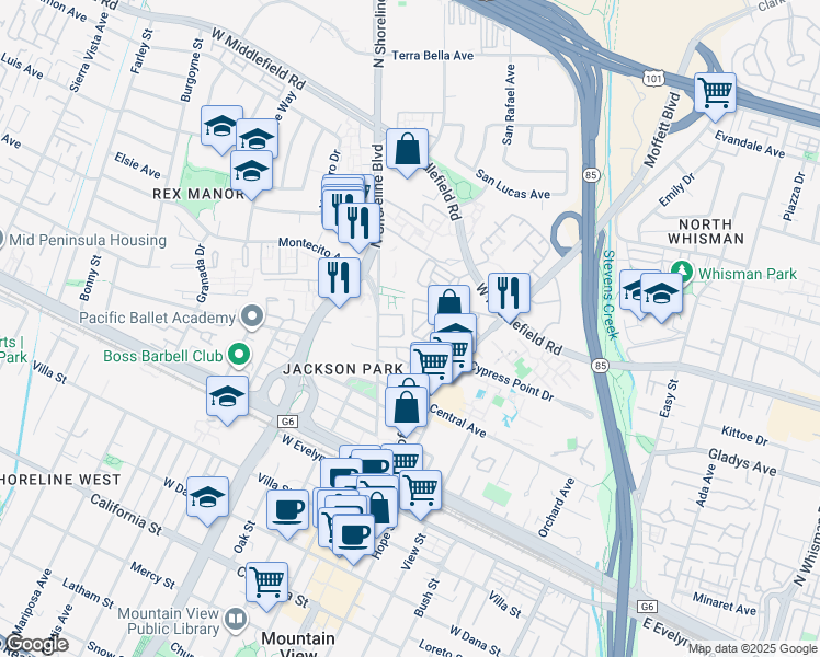 map of restaurants, bars, coffee shops, grocery stores, and more near 440 Moffett Boulevard in Mountain View