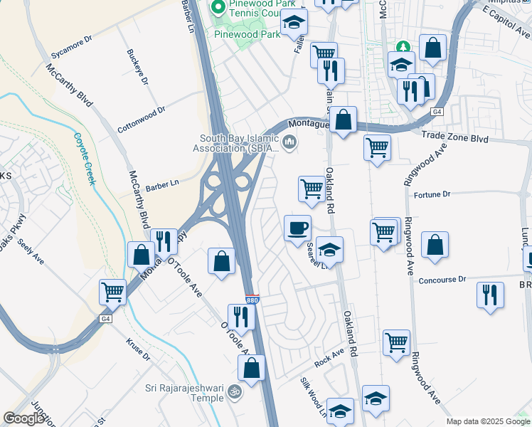 map of restaurants, bars, coffee shops, grocery stores, and more near 2151 Oakland Road in San Jose