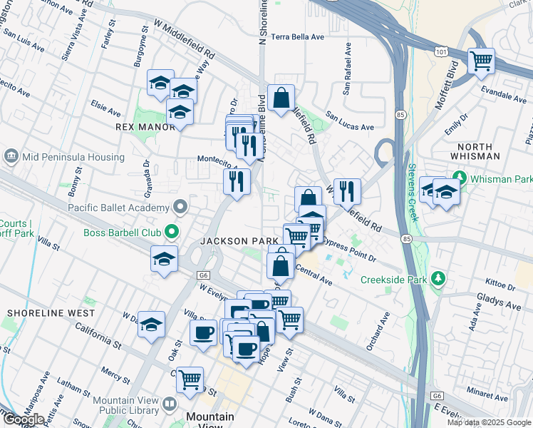 map of restaurants, bars, coffee shops, grocery stores, and more near 405 Stierlin Road in Mountain View