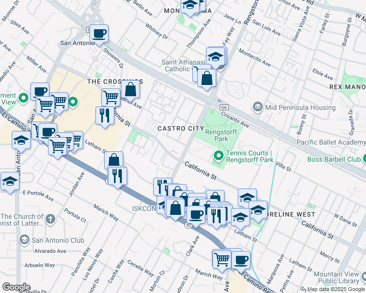 map of restaurants, bars, coffee shops, grocery stores, and more near 2115 University Avenue in Mountain View