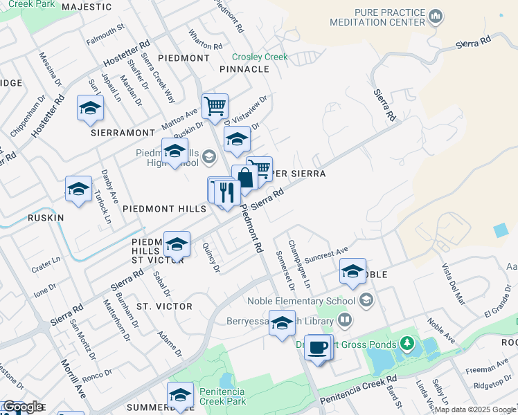 map of restaurants, bars, coffee shops, grocery stores, and more near 1260 Piedmont Road in San Jose