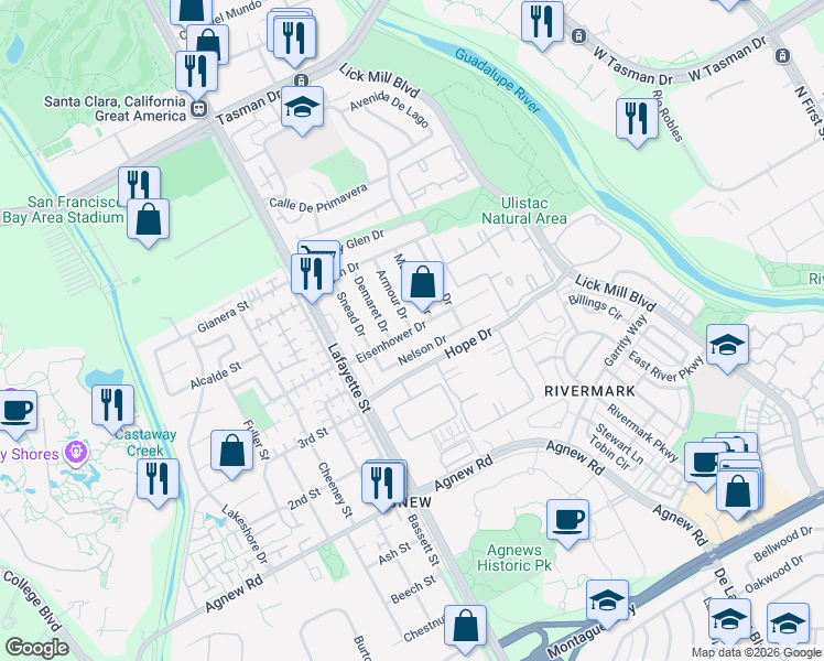 map of restaurants, bars, coffee shops, grocery stores, and more near 1882 Eisenhower Drive in Santa Clara